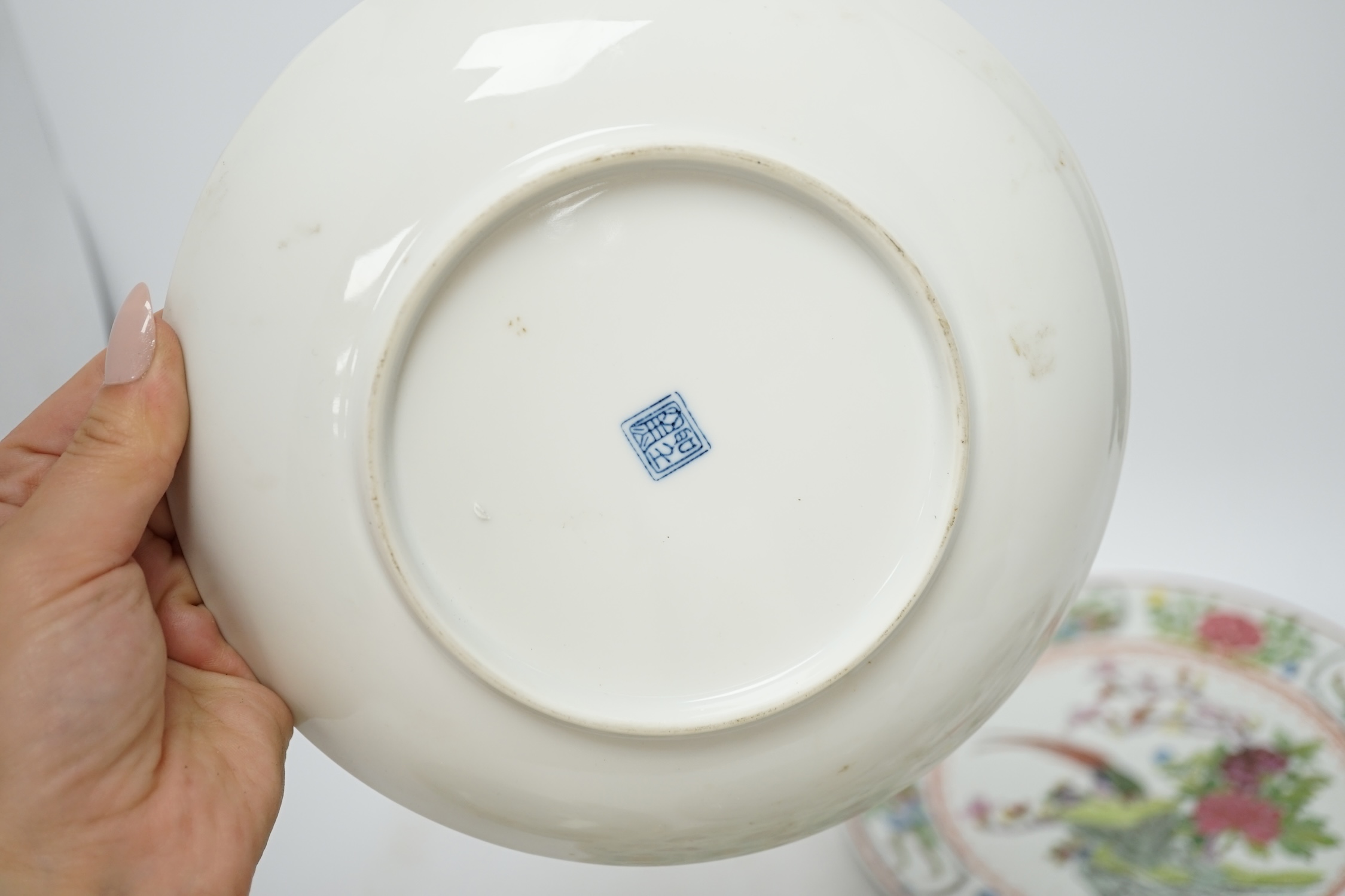 Six various Chinese plates including three 19th century celadon ground plates, largest 23cm diameter. Condition - fair